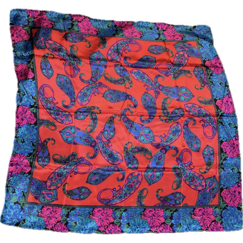 Morgan Taylor Vintage Paisley Floral Silk Scarf Red Blue Pink 31x31 NWT OS